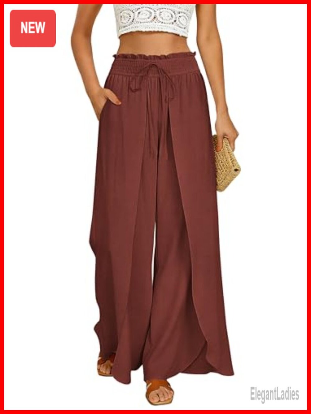 Linen Wide Leg Palazzo Pants High Waisted Side Split Flowy Beach Trousers